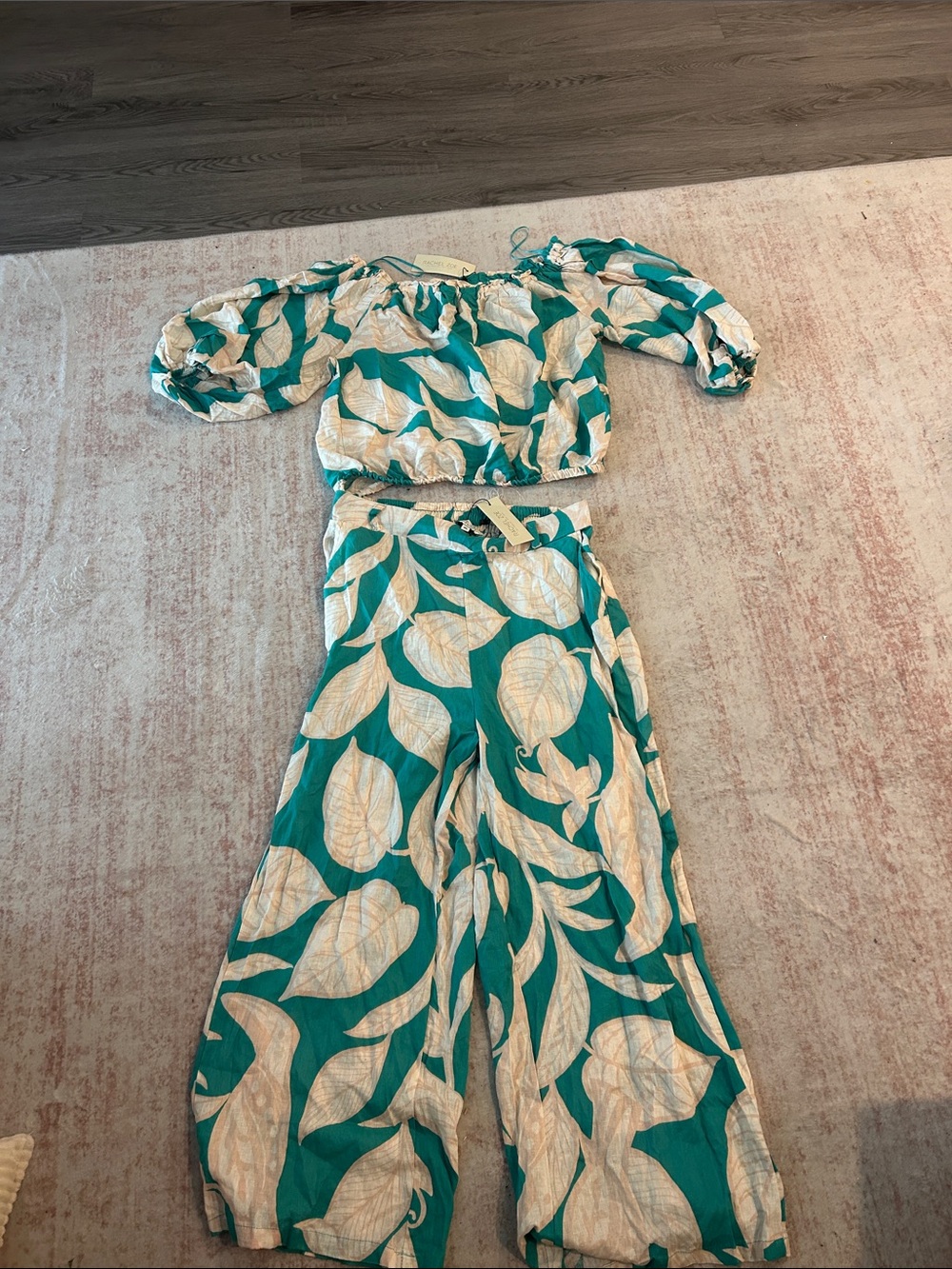 Teal and Cream Leaf-Print Off-Shoulder Two-Piece Set
